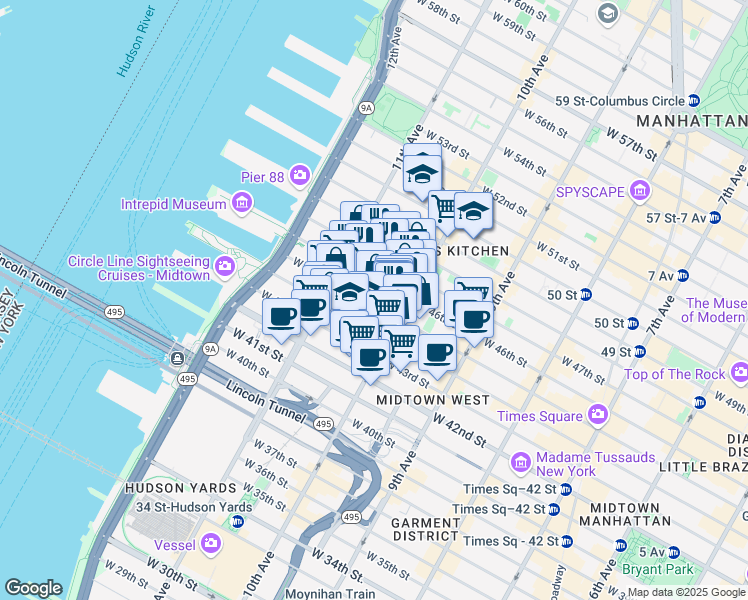 map of restaurants, bars, coffee shops, grocery stores, and more near 530 West 46th Street in New York