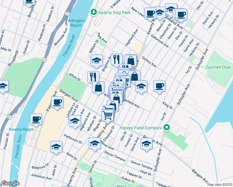 map of restaurants, bars, coffee shops, grocery stores, and more near 299 Maple Street in Kearny