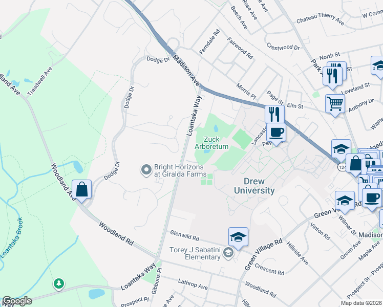 map of restaurants, bars, coffee shops, grocery stores, and more near 42 Loantaka Way in Madison