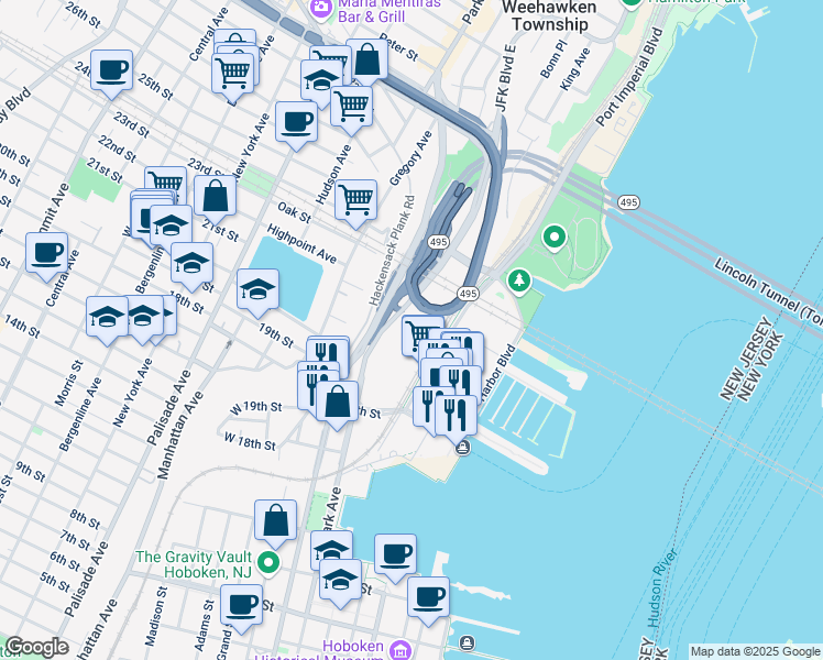 map of restaurants, bars, coffee shops, grocery stores, and more near 300 JFK Boulevard East in Weehawken