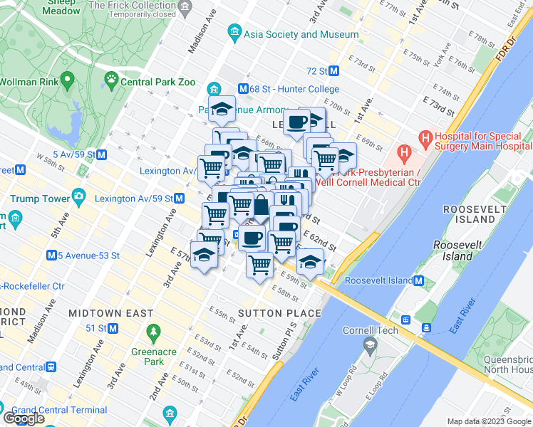 map of restaurants, bars, coffee shops, grocery stores, and more near 316 East 63rd Street in New York