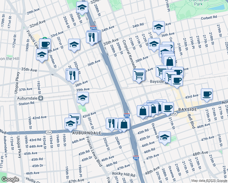 map of restaurants, bars, coffee shops, grocery stores, and more near 3926 Clearview Expressway Service Road in Queens
