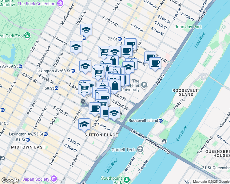 map of restaurants, bars, coffee shops, grocery stores, and more near 403 East 64th Street in New York