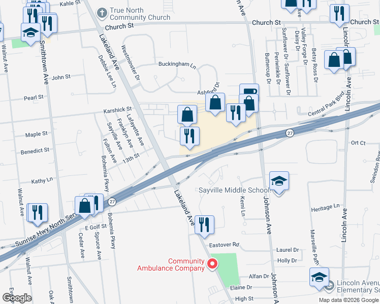 map of restaurants, bars, coffee shops, grocery stores, and more near 5141 Sunrise Hwy in Bohemia