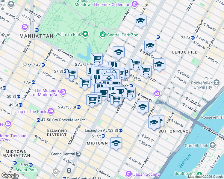 map of restaurants, bars, coffee shops, grocery stores, and more near 33 East 58th Street in New York