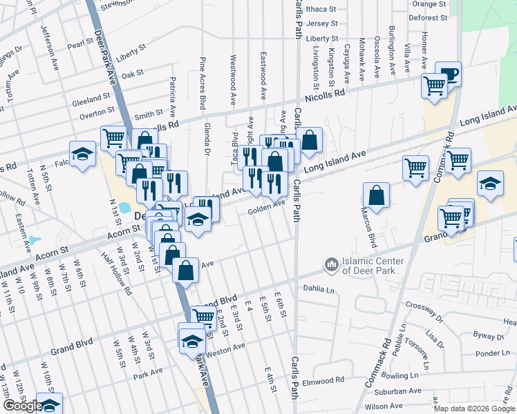 map of restaurants, bars, coffee shops, grocery stores, and more near 45 Golden Avenue in Deer Park