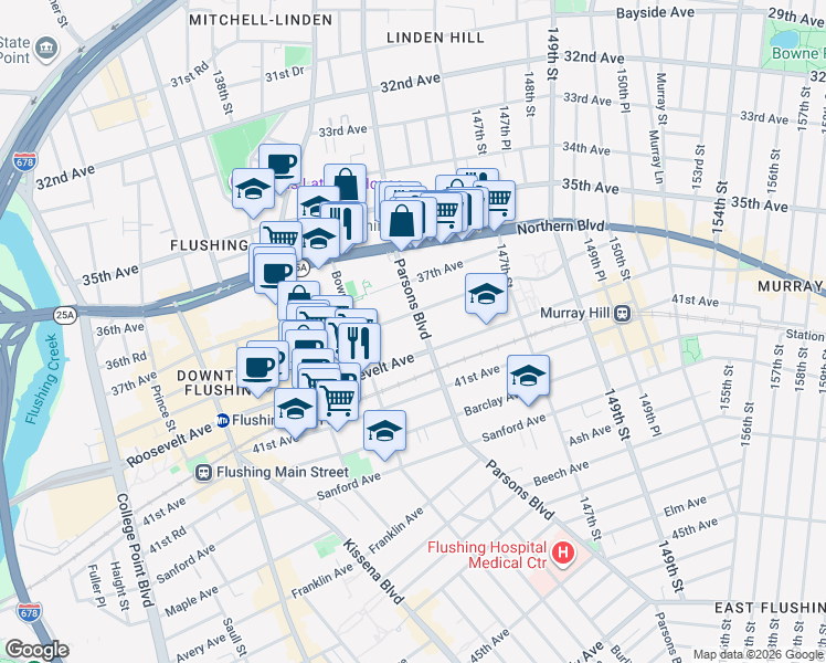 map of restaurants, bars, coffee shops, grocery stores, and more near 144-02 38th Avenue in Queens