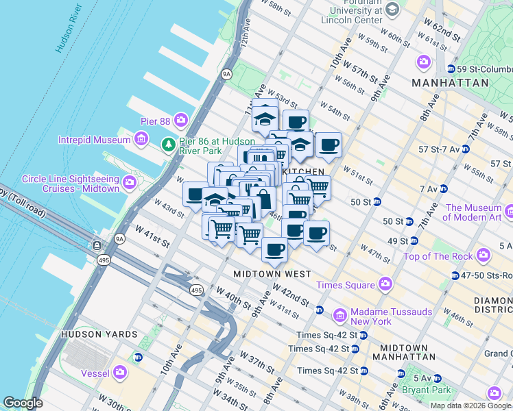 map of restaurants, bars, coffee shops, grocery stores, and more near 10th Ave & W 46th St in New York