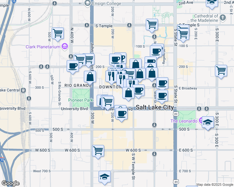 map of restaurants, bars, coffee shops, grocery stores, and more near 159 West Broadway in Salt Lake City