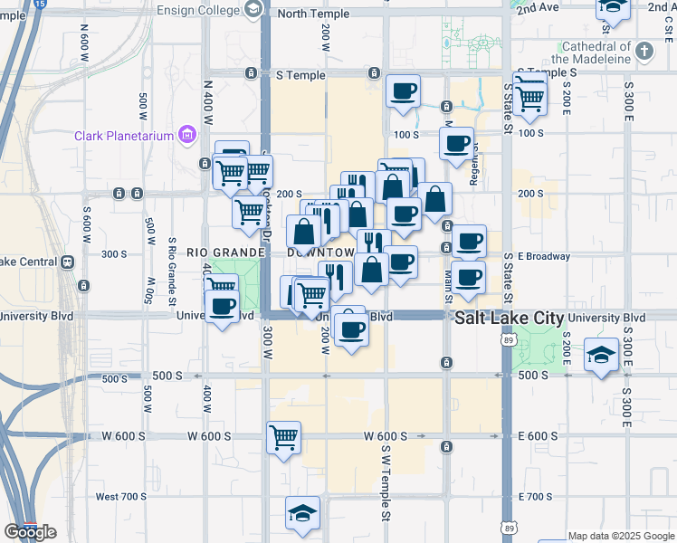 map of restaurants, bars, coffee shops, grocery stores, and more near 159 West Broadway in Salt Lake City