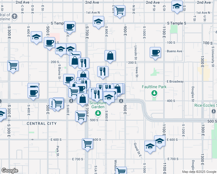 map of restaurants, bars, coffee shops, grocery stores, and more near 310-320 800 East in Salt Lake City
