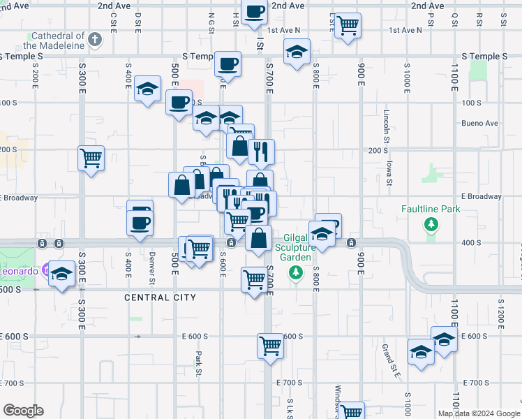 map of restaurants, bars, coffee shops, grocery stores, and more near 302 South 700 East in Salt Lake City