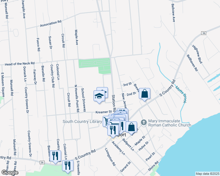 map of restaurants, bars, coffee shops, grocery stores, and more near 66 Station Road in Bellport