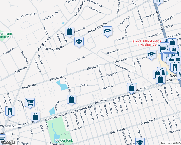 map of restaurants, bars, coffee shops, grocery stores, and more near 392 Nicolls Road in Deer Park