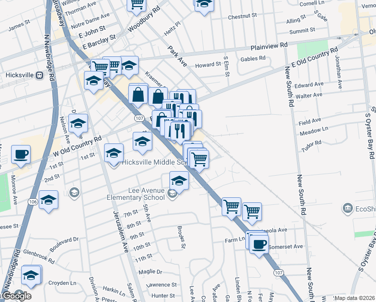 map of restaurants, bars, coffee shops, grocery stores, and more near in Hicksville