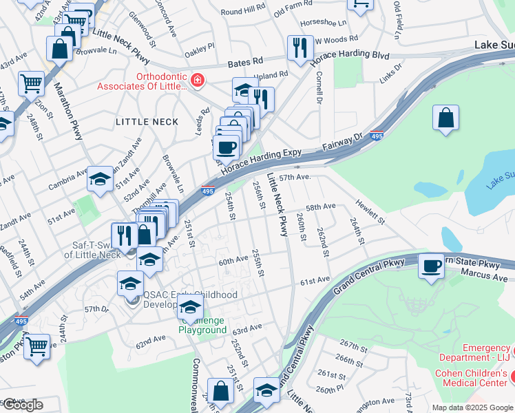 map of restaurants, bars, coffee shops, grocery stores, and more near 57-21 255th Street in Queens