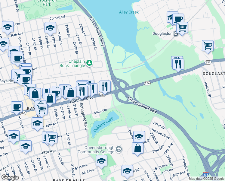 map of restaurants, bars, coffee shops, grocery stores, and more near in Queens