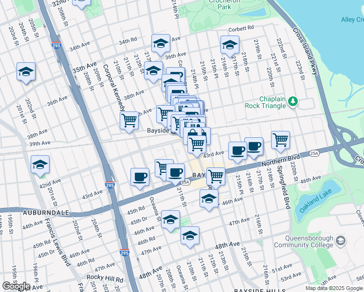 map of restaurants, bars, coffee shops, grocery stores, and more near 212-16 42nd Avenue in Queens