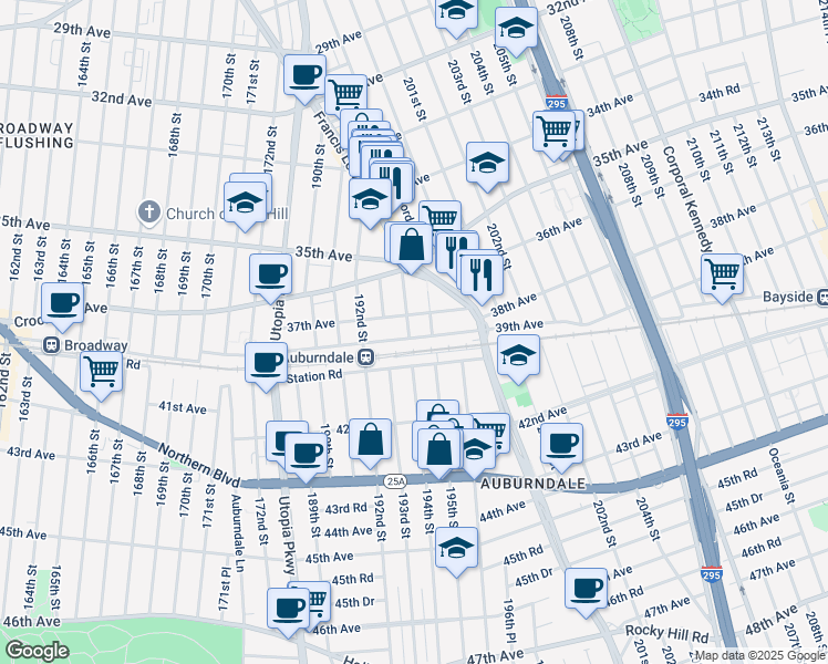 map of restaurants, bars, coffee shops, grocery stores, and more near 194-02 37th Avenue in Queens