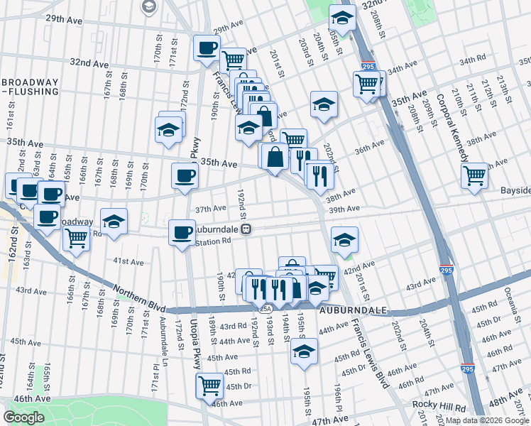 map of restaurants, bars, coffee shops, grocery stores, and more near 194-02 37th Avenue in Queens