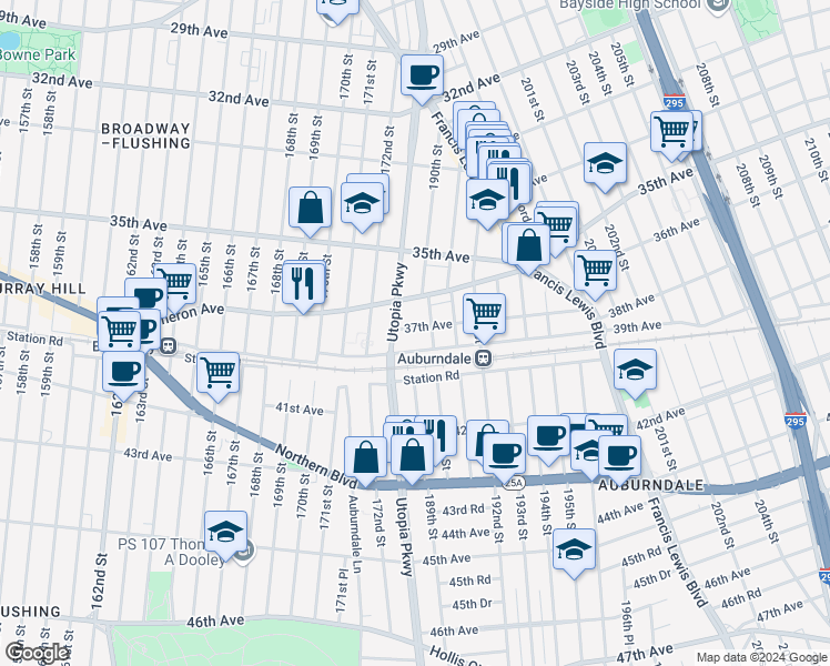 map of restaurants, bars, coffee shops, grocery stores, and more near 189-15 37th Avenue in Queens