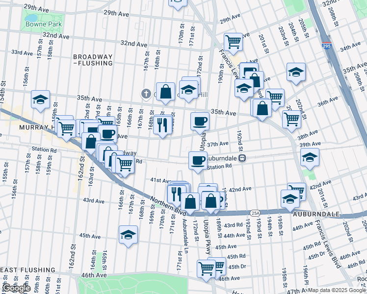 map of restaurants, bars, coffee shops, grocery stores, and more near 36-4 171st Street in Queens