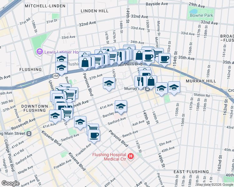 map of restaurants, bars, coffee shops, grocery stores, and more near 144-77 Roosevelt Avenue in Queens