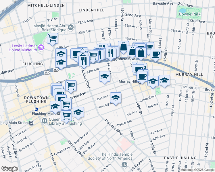 map of restaurants, bars, coffee shops, grocery stores, and more near 144-77 Roosevelt Avenue in Queens