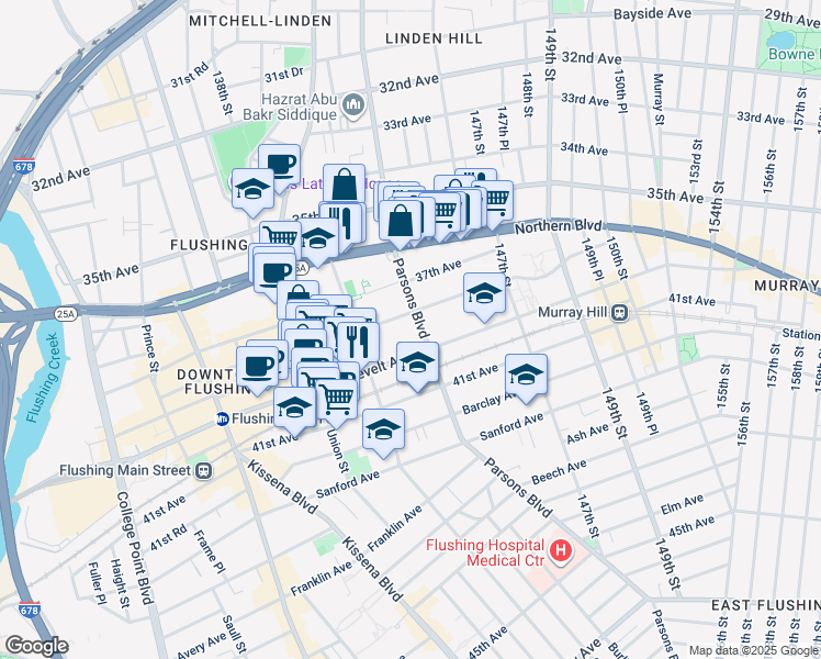 map of restaurants, bars, coffee shops, grocery stores, and more near 144-02 38th Avenue in Queens
