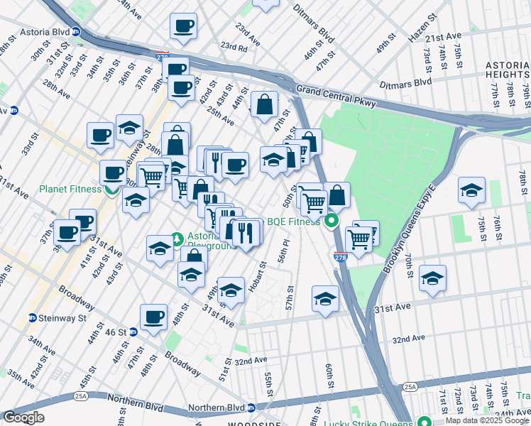 map of restaurants, bars, coffee shops, grocery stores, and more near 25-88 49th Street in Queens