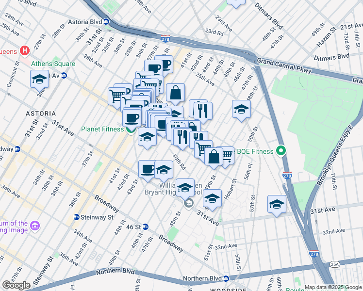 map of restaurants, bars, coffee shops, grocery stores, and more near 28-50 45th Street in Queens