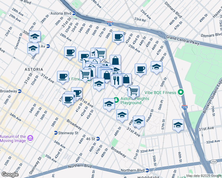 map of restaurants, bars, coffee shops, grocery stores, and more near 43-04 30th Avenue in Queens