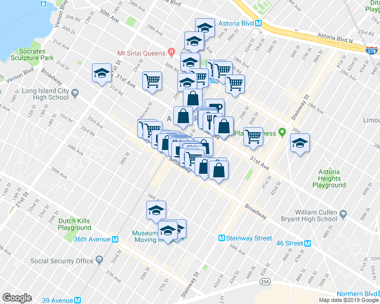 map of restaurants, bars, coffee shops, grocery stores, and more near 31-40 33rd Street in Queens