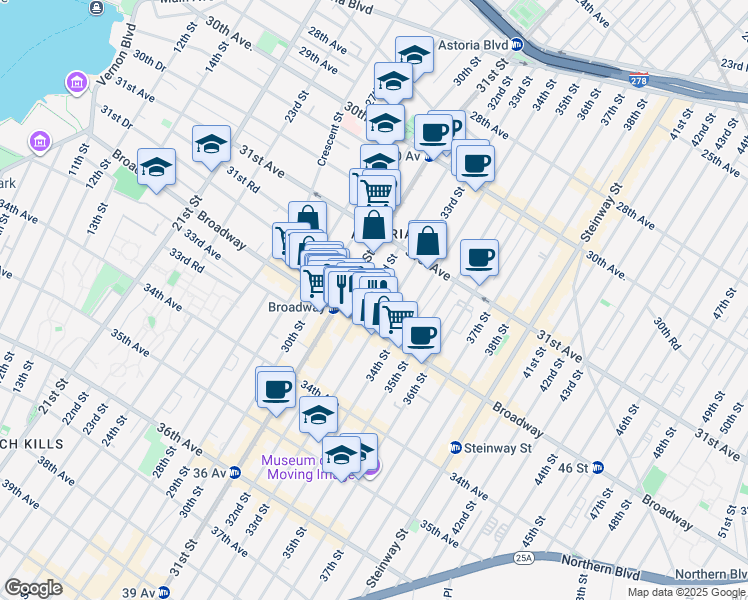 map of restaurants, bars, coffee shops, grocery stores, and more near 31-57 31st Street in Queens