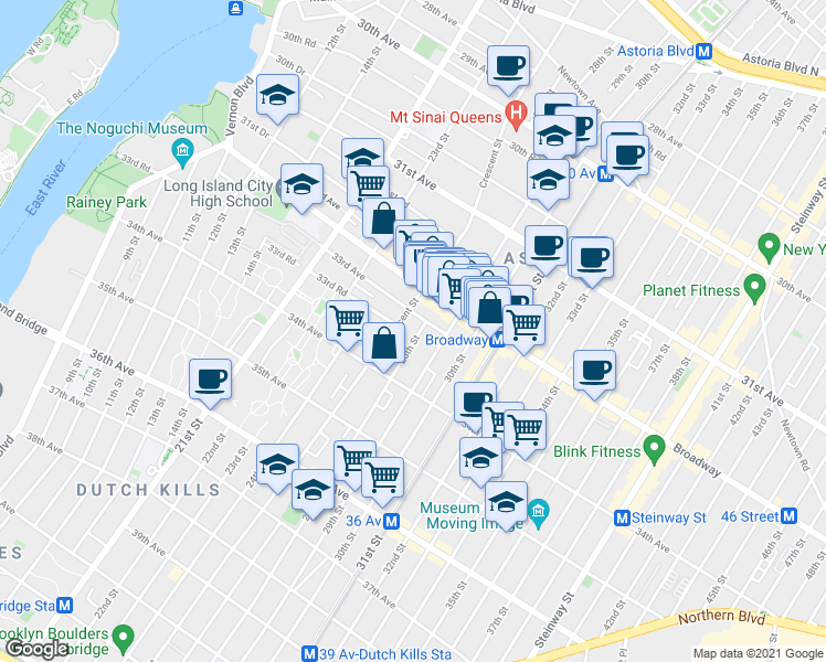 map of restaurants, bars, coffee shops, grocery stores, and more near 33-07 Crescent Street in Queens