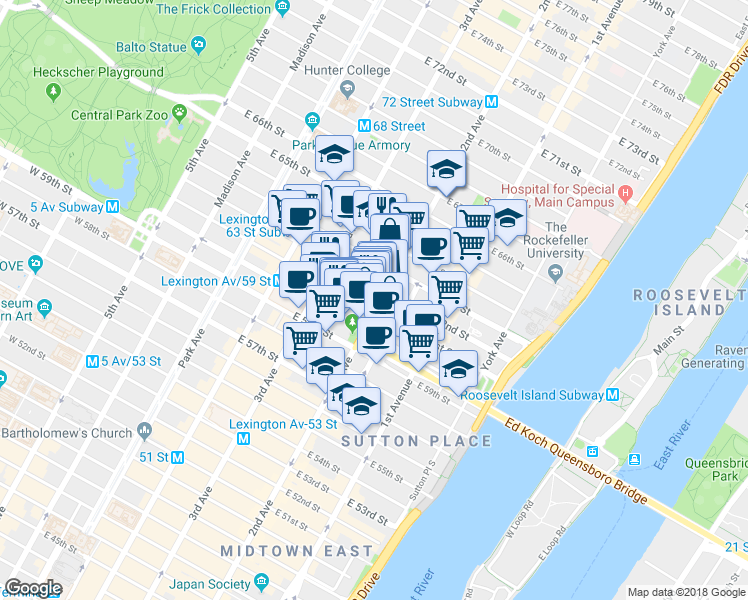 map of restaurants, bars, coffee shops, grocery stores, and more near 248 East 62nd Street in New York