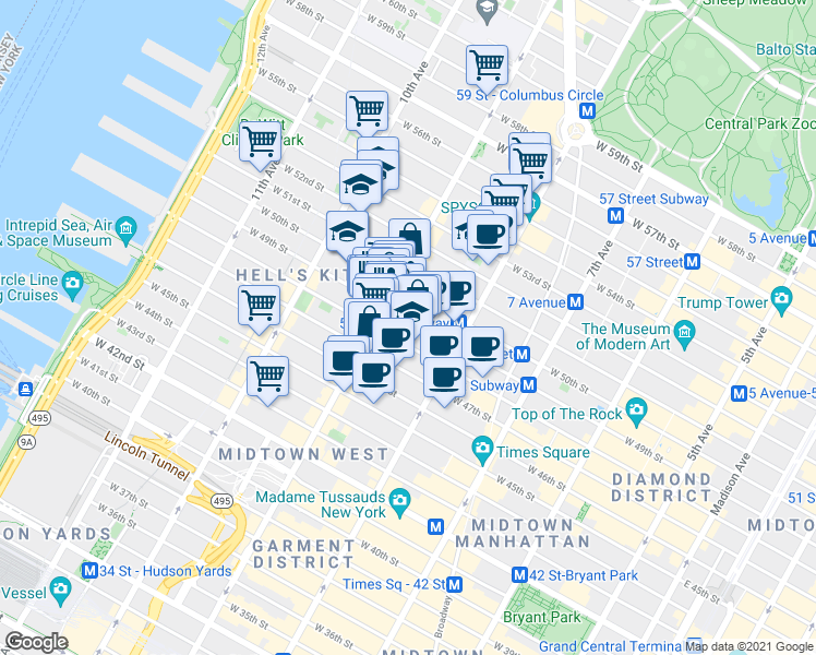 map of restaurants, bars, coffee shops, grocery stores, and more near 355 West 49th Street in New York