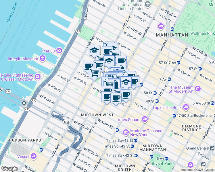 map of restaurants, bars, coffee shops, grocery stores, and more near in New York
