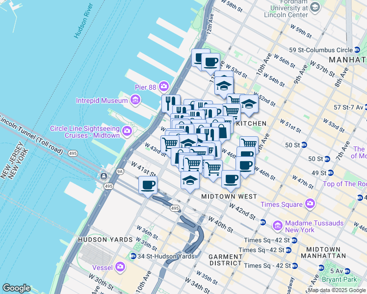 map of restaurants, bars, coffee shops, grocery stores, and more near 667 West 44th Street in New York