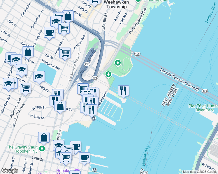 map of restaurants, bars, coffee shops, grocery stores, and more near in Weehawken Township