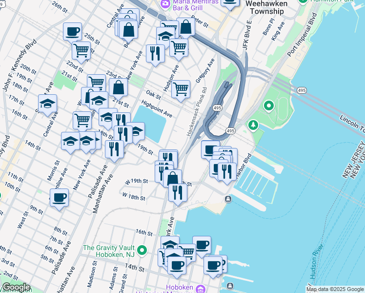 map of restaurants, bars, coffee shops, grocery stores, and more near 65 Hackensack Avenue in Weehawken