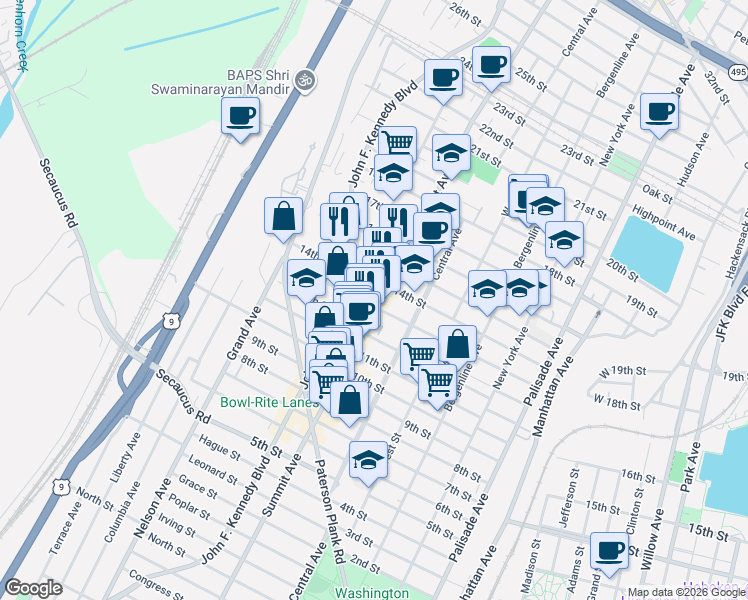 map of restaurants, bars, coffee shops, grocery stores, and more near 1311 Summit Avenue in Union City