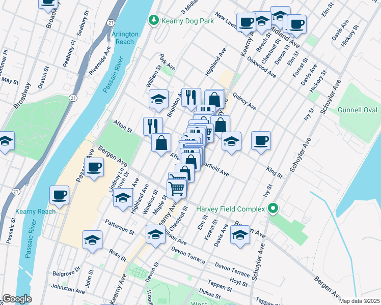 map of restaurants, bars, coffee shops, grocery stores, and more near 299 Maple Street in Kearny