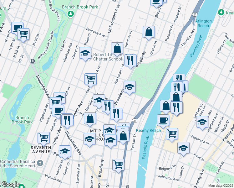 map of restaurants, bars, coffee shops, grocery stores, and more near 342 Broadway in Newark