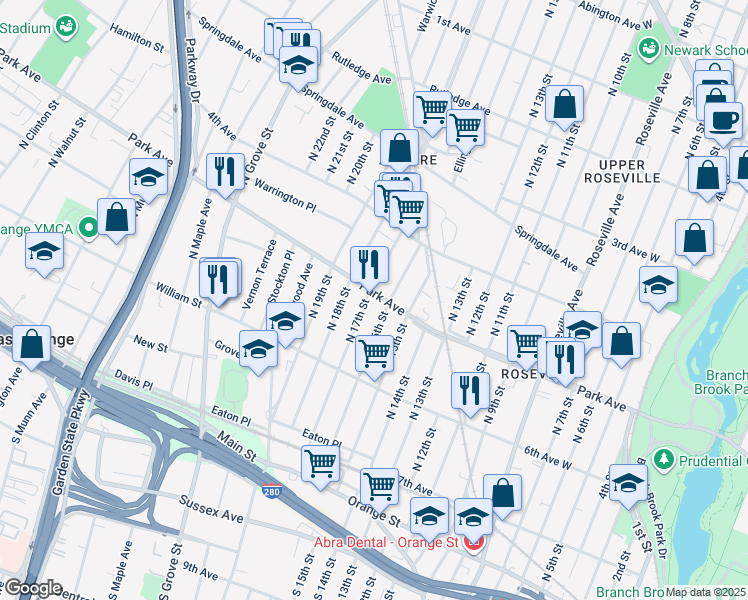 map of restaurants, bars, coffee shops, grocery stores, and more near 66 Park Avenue in East Orange