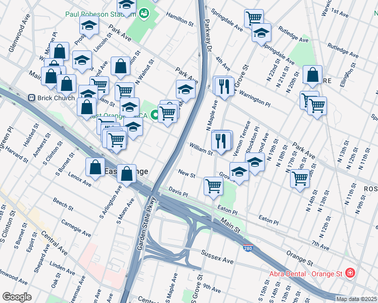 map of restaurants, bars, coffee shops, grocery stores, and more near 238 William Street in East Orange