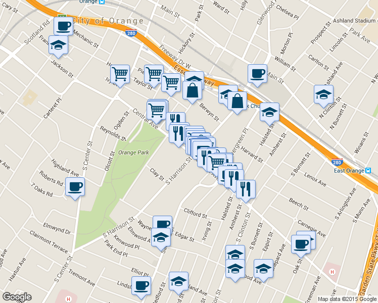 map of restaurants, bars, coffee shops, grocery stores, and more near 641 Central Avenue in East Orange