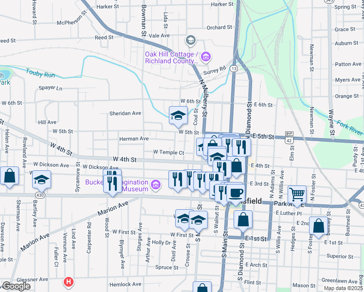 map of restaurants, bars, coffee shops, grocery stores, and more near 139 Pleasant Avenue in Mansfield