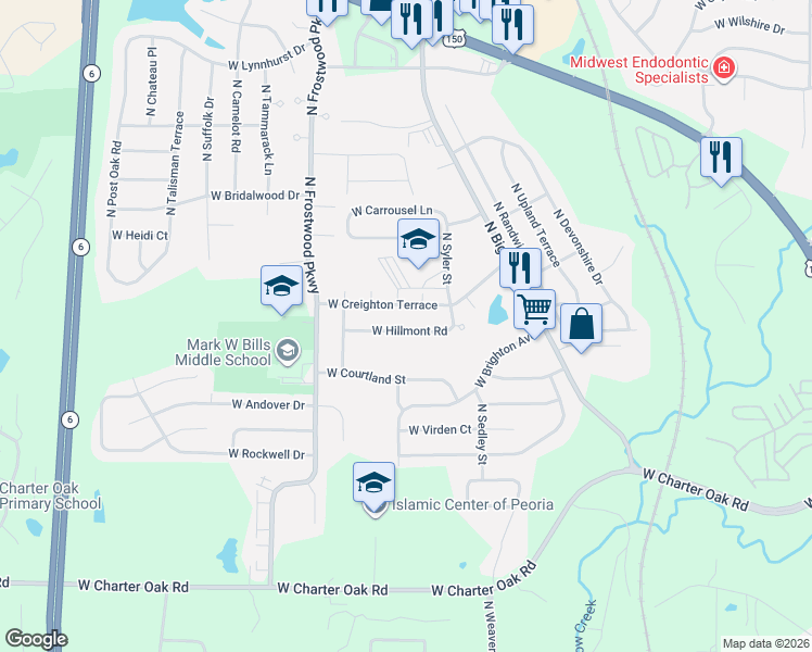 map of restaurants, bars, coffee shops, grocery stores, and more near 4034 West Creighton Terrace in Peoria