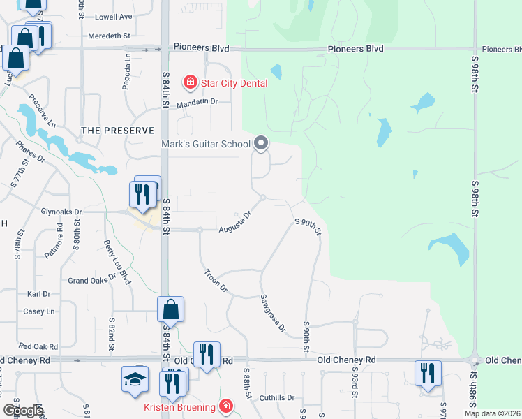 map of restaurants, bars, coffee shops, grocery stores, and more near 8821 Augusta Drive in Lincoln